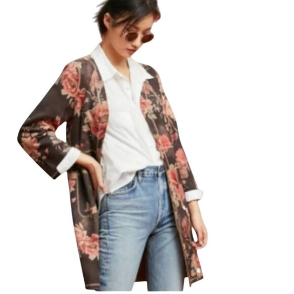Anthropologie Solitaire NWOT Brown Suede Floral Open Front Kimono Jacket Size M - Picture 1 of 12
